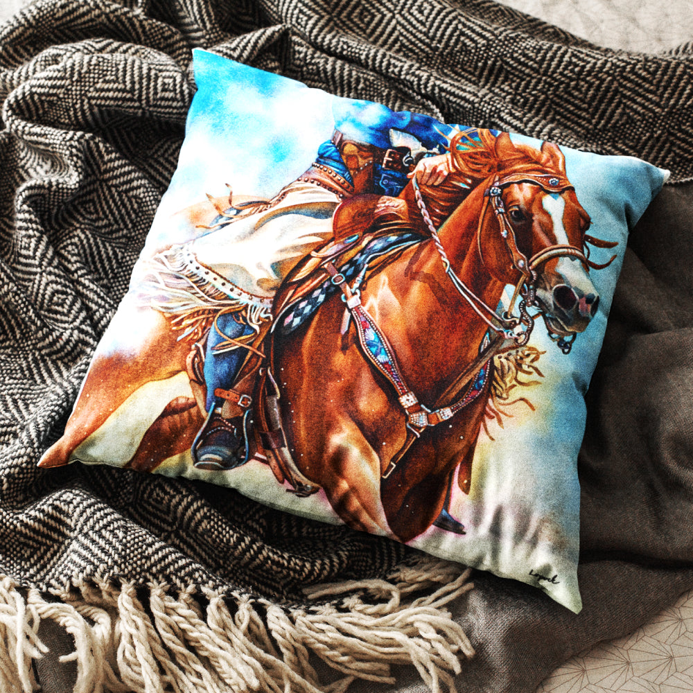 Horse Art Faux Suede Throw Pillow - “Guns Blazin’”