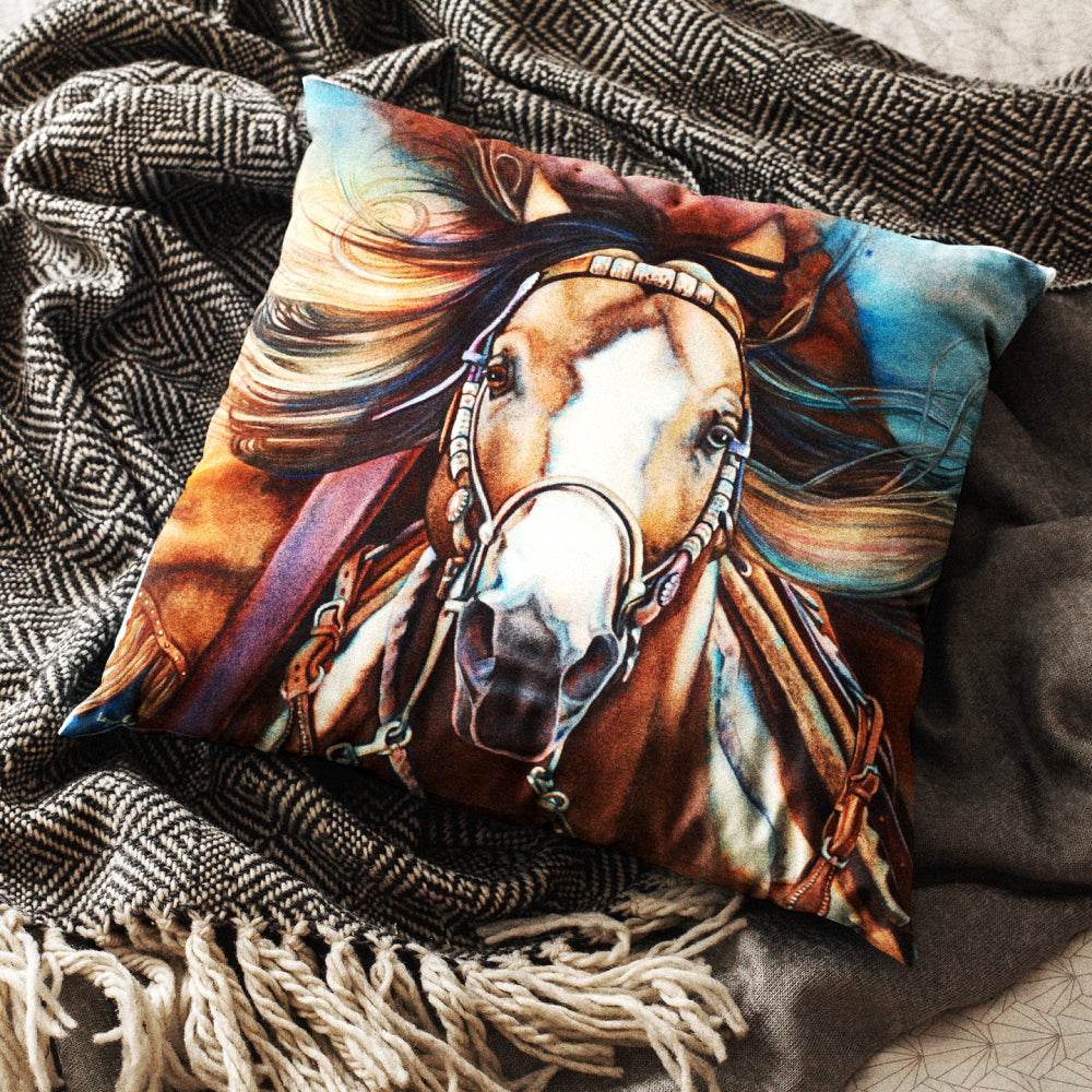 Horse Art Faux Suede Throw Pillow - “Point Blank”