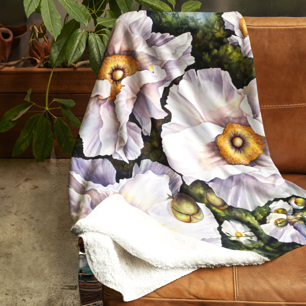 Floral Art Printed Sherpa Throw Blanket - “Half Moon Bay”