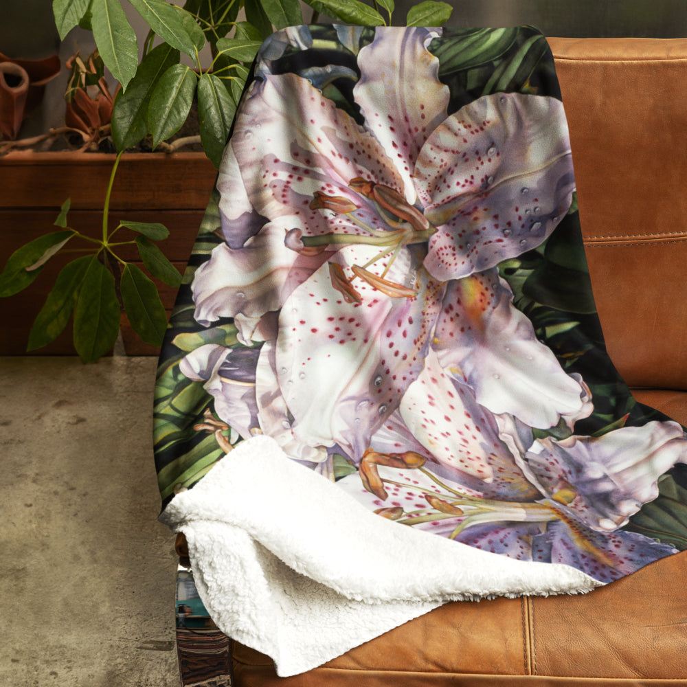 Floral Art Printed Sherpa Throw Blanket - “Lilies on the Lanai”