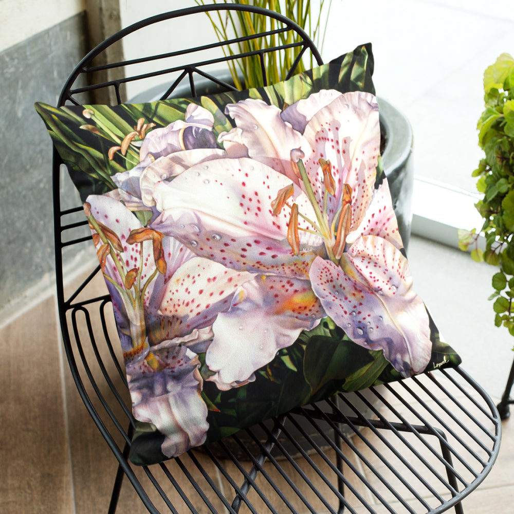 Floral Art Faux Suede Throw Pillow - “Lilies on the Lanai”